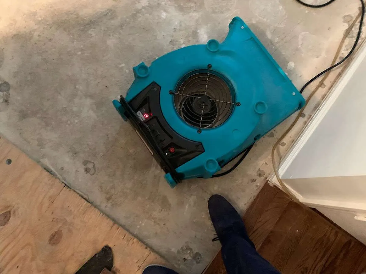 Air mover drying subfloor during Leak Detection & Repair in Sinton